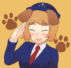  :3 animal_ears blush_stickers brown_hair closed_eyes commentary_request dog_ears female hat highres kaiten_muten-maru komai_(kaiten_muten-maru) necktie open_mouth oza_watto paw_print sailor sailor_hat salute short_hair smile solo thick_eyebrows uniform upper_body 