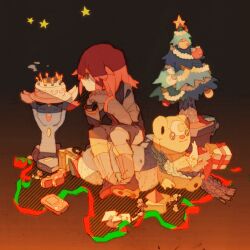  1boy apricorn bad_id bad_pixiv_id boots brown_hair cake cameo character_doll christmas christmas_tree delibird doll food game_boy game_boy_(original) gift gloves green_(pokemon) handheld_game_console highres pokemon pokemon_(creature) pokemon_adventures red_hair ribbon satobitorotoku silver_(pokemon) sitting sneasel teddiursa toy wailord 