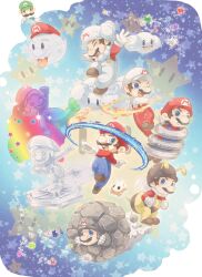  6+boys bad_id bad_pixiv_id beard bee_suit boo_mario bosutafu cloud_mario facial_hair fire_mario hat highres ice_mario luigi luma_(mario) male_focus mario mario_(series) moustache multiple_boys multiple_persona overalls rainbow rainbow_mario red_headwear rock_mario spring_mario star_(symbol) star_bit super_mario_galaxy super_mario_galaxy_2 super_star_(mario) transformation |_| 