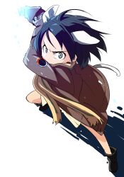  angry animal_ears arm_up black_hair blue_eyes boots brave_witches commentary_request dog_ears dog_girl female gloves incoming_attack incoming_punch kanno_naoe mozu_(peth) photoshop_(medium) powering_up punching scarf short_hair solo striped_clothes striped_scarf world_witches_series 