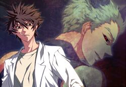  2boys bad_id bad_pixiv_id black_sclera brown_hair cigarette colored_sclera facial_hair gedoooo green_hair lab_coat looking_at_viewer male_focus multiple_boys ozaki_toshio projected_inset red_eyes shiki_(novel) stubble tatsumi_(shiki) 