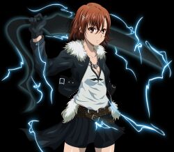  alternate_costume bike_shorts breasts brown_hair cleavage commentary_request cosplay electricity electrokinesis female final_fantasy final_fantasy_viii gunblade hair_ornament hairpin highres holding holding_sword holding_weapon lightning magnetism metal metal_sand misaka_mikoto psychic science_fiction short_hair short_shorts shorts shorts_under_skirt small_breasts solo squall_leonhart squall_leonhart_(cosplay) sword tennen_ahoke toaru_kagaku_no_railgun toaru_majutsu_no_index weapon 