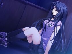  alpha_(yukai_na_nakamatachi) black_hair black_socks female game_cg highres kourin_no_machi_lavender_no_shoujo long_hair sakuragi_hikaru shorts shorts_under_skirt sitting socks solo 