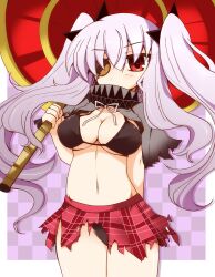  blush bow breasts cleavage eyepatch hairbow highres large_breasts lavender_hair long_hair navel plaid plaid_skirt red_eyes senran_kagura senran_kagura_(series) shirogane shirogane_(platinum) skirt solo torn_clothes twintails umbrella yagyuu_(senran_kagura) 