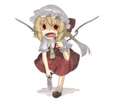  ascot bad_id bad_pixiv_id blonde_hair blood blood_in_mouth blurry depth_of_field dress eiri_(eirri) fangs female flandre_scarlet hat open_mouth red_dress red_eyes shirt side_ponytail solo tongue tongue_out touhou walking wings wrist_cuffs 