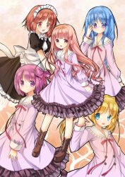  5girls amemiya_ruki blonde_hair blue_eyes blue_hair boots brown_eyes brown_hair commentary_request glasses hair_ribbon hakamada_hinata headdress kashii_airi keishin_academy_school_uniform long_hair maid minato_tomoka misawa_maho mole multiple_girls nagatsuka_saki open_mouth pink_eyes pink_hair ponytail purple_eyes red_eyes ribbon rou-kyuu-bu! school_uniform side_ponytail smile tears twintails very_long_hair 