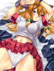  animal_ears arcana_heart arcana_heart_2 arms_up bad_id bad_pixiv_id bangle benimaru blonde_hair blush bracelet breasts clothes_lift female impossible_clothes impossible_shirt inuwaka_akane jewelry long_hair looking_at_viewer lying medium_breasts miniskirt navel on_back panties photoshop_(medium) pleated_skirt purple_eyes red_skirt shirt shirt_lift skirt skirt_lift solo underwear white_panties 