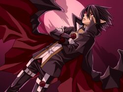  1boy akatsuki_(kuon) bad_id bad_pixiv_id black_hair cape choker cloud crossed_arms disgaea dutch_angle formal gloves glowing glowing_eye makai_senki_disgaea_4 male_focus moon pants pink_moon pointy_ears red_eyes solo suit valvatorez_(disgaea) vampire white_gloves 