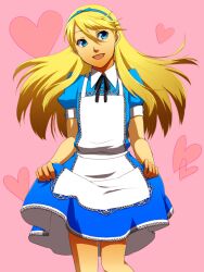  1boy alice_(wonderland) alice_(wonderland)_(cosplay) alice_in_wonderland apron atlus blonde_hair blue_eyes bow cosplay crossdressing dress dress_lift fujino_miyabi hairband hairbow kuma_(persona_4) long_hair male_focus open_mouth persona persona_4 shin_megami_tensei smile solo trap 