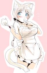  animal_ears apron blonde_hair blue_eyes blush braid breasts cat_ears cat_girl cat_tail cleavage commentary_request eating female finger_to_mouth large_breasts long_hair lynette_bishop mozu_(peth) naked_apron photoshop_(medium) single_braid solo strike_witches tail whipped_cream whisk world_witches_series 