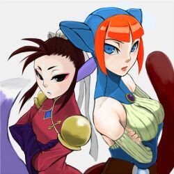  2girls animal_ears animal_hood black_hair breath_of_fire breath_of_fire_iv breath_of_fire_v brown_hair bun_cover cat_ears cat_hood commentary_request crossover elbow_gloves eyeshadow gloves hair_bun hood lin_(breath_of_fire) makeup multiple_girls nyantiu orange_hair single_hair_bun tail ursula_(breath_of_fire) 