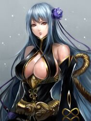  bare_shoulders breasts cleavage cleavage_cutout clothing_cutout commentary_request detached_sleeves female flower grey_hair hair_flower hair_ornament highres large_breasts lips long_hair looking_at_viewer parted_lips red_eyes sangokushi_taisen sasaki_ryou selvaria_bles senjou_no_valkyria_(series) senjou_no_valkyria_1 solo sun_shang_xiang_(sangokushi_taisen) very_long_hair 