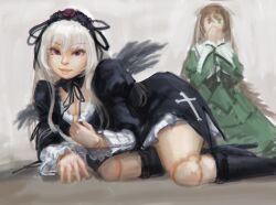  2girls absurdres boots breasts brown_hair cleavage cleavage_reach covering_own_mouth doll_joints doyora frills green_eyes hairband hand_over_own_mouth heterochromia high_heels highres joints lolita_fashion long_hair medium_breasts multiple_girls photoshop_(medium) red_eyes rozen_maiden shoes suigintou suiseiseki white_hair wings 