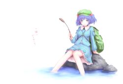  aqua_skirt backpack bad_id bad_pixiv_id bag blue_eyes blue_hair blush cattail female frilled_skirt frills hair_bobbles hair_ornament hat kawashiro_nitori kokotetsu medium_skirt plant print_skirt rock shirt sitting sitting_on_rock skirt skirt_set smile soaking_feet solo touhou translated two_side_up water 