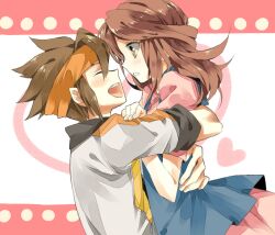  1boy blush brown_eyes brown_hair closed_eyes commentary_request couple endou_mamoru female heart hug inazuma_eleven inazuma_eleven_(series) inazuma_eleven_go long_hair raimon_natsumi short_hair straight wonoco0916 