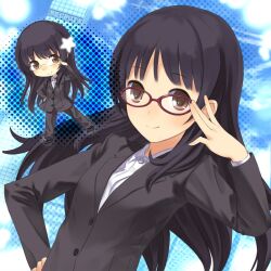  adjusting_eyewear black_hair blush buntan chibi commentary_request female formal glasses hand_on_own_hip long_hair looking_at_viewer red-framed_eyewear rikunabi_next rikunabi_next_miho-san smile suit 