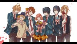  6+boys bad_id bad_pixiv_id black_legwear blazer blonde_hair blue_hair bouquet brown_hair brown_skirt closed_eyes commentary_request female flower glasses happy hat hijirikawa_masato ichinose_(sorario) ichinose_tokiya ittoki_otoya jacket jinguuji_ren kurusu_shou letterboxed lineup miniskirt multiple_boys nanami_haruka necktie orange_hair pantyhose photoshop_(medium) pink_hair plaid plaid_skirt ribbon rose saotome_academy_school_uniform school_uniform shinomiya_natsuki_(uta_no_prince-sama) skirt smile tears uta_no_prince-sama 