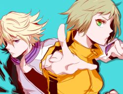  1boy apper500 bad_id bad_pixiv_id blonde_hair bruce_lee&#039;s_jumpsuit female green_eyes huang_baoling ivan_karelin jacket letterman_jacket purple_eyes short_hair tiger_&amp;_bunny 