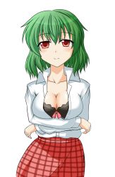  black_bra bra breast_hold breasts cleavage commentary_request female green_hair kazami_yuuka lingerie medium_breasts open_clothes open_shirt plaid plaid_skirt red_eyes red_skirt shirt short_hair simple_background skirt smile solo touhou tsukimi_(ryouiki_ridatsu) unbuttoned underwear 