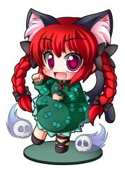  animal_ears bad_id bad_pixiv_id braid cat_ears cat_tail chibi dress faux_figurine female fire floating_skull green_dress hair_ribbon kaenbyou_rin multiple_tails nekomata oerba_yun_fang open_mouth paw_pose purple_eyes red_hair ribbon shinjitsu simple_background skull smile solo tail touhou twin_braids white_background 