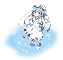  blue_eyes blue_hair boots commentary_request dress female hat headphones headphones_over_headwear ikamusume kaka_(kirby126) long_hair shinryaku!_ikamusume solo tentacle_hair 