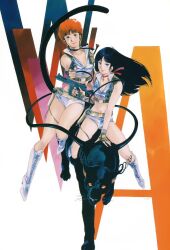  1980s_(style) 2girls black_hair boots bracelet breasts cleavage crop_top dirty_pair dirty_pair_(novels) feline gun jewelry kei_(dirty_pair_novels) knee_boots long_hair midriff mughi_(dirty_pair_novels) multiple_girls navel official_art orange_hair retro_artstyle riding short_hair tail thigh_strap weapon yasuhiko_yoshikazu yuri_(dirty_pair_novels) 