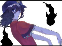  :o black_hair blue_eyes blue_hair commentary_request female hat hat_ornament horosuke letterboxed looking_back miyako_yoshika outstretched_arms short_hair simple_background solo star_(symbol) star_hat_ornament touhou upper_body zombie_pose 