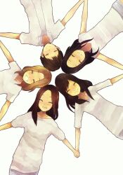  5girls amber_josephine_liu black_hair brown_hair choi_jinri circle_formation closed_eyes f(x) holding_hands jung_soo-jung long_hair lying meryl_santos multiple_girls on_back park_sunyoung short_hair short_sleeves shorts smile song_qian star_(symbol) star_hands white_background 