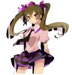  bad_id bad_pixiv_id black_necktie brown_eyes brown_hair checkered_clothes checkered_skirt collared_shirt female hairband hat himekaidou_hatate kuzumiya_yuyu necktie pink_shirt shirt skirt solo tokin_hat touhou twintails 