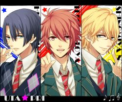  3boys bishounen blonde_hair blue_eyes blue_hair commentary_request glasses green_eyes hijirikawa_masato ittoki_otoya looking_at_viewer male_focus moco multiple_boys necktie open_mouth red_eyes red_hair saotome_academy_school_uniform school_uniform shinomiya_natsuki_(uta_no_prince-sama) smile striped striped_necktie teeth uta_no_prince-sama 