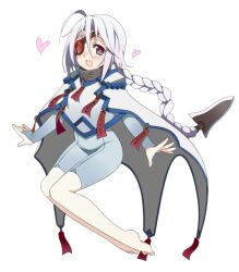  ahoge barefoot blazblue blush braid bridal_gauntlets commentary_request eyepatch female grey_hair heart heart-shaped_pupils long_hair nu-13 open_mouth oza_watto red_eyes single_braid smile solo symbol-shaped_pupils 