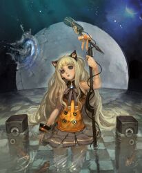  animal_ears bare_shoulders blonde_hair blue_eyes bow bracelet checkered_floor commentary_request female fish grey_skirt head_tilt jewelry long_hair microphone microphone_stand miniskirt photoshop_(medium) pleated_skirt seeu shaonav skirt solo speaker thighhighs very_long_hair vocaloid wading water white_thighhighs zettai_ryouiki 