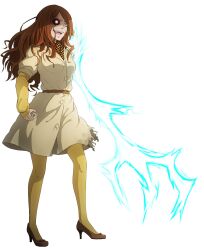  amputee brown_eyes brown_hair commentary_request cyborg dress electricity electrokinesis energy female full_body glowing glowing_arm glowing_eye glowing_hand kome_(seiga) long_hair looking_away mechanical_arms mugino_shizuri mugino_shizuri_(cyborg) no_pupils pantyhose partial_commentary plasma prosthesis psychic science_fiction single_mechanical_arm solo standing toaru_majutsu_no_index white_background yellow_pantyhose 