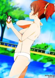  artist_name bad_perspective bikini brown_eyes brown_hair commentary_request female food hirasawa_ui ice_cream k-on! outdoors photoshop_(medium) ponytail red_hair short_hair signature solo swimsuit wardrobe_malfunction white_bikini yamasaki_wataru 