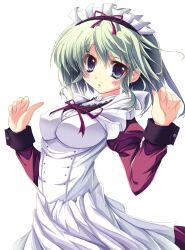  :o angelina_nanatsu_sewell blue_eyes blush breasts commentary_request covered_nipples female green_hair large_breasts looking_at_viewer maid maid_headdress mashiroiro_symphony open_mouth photoshop_(medium) ribbon s_black short_hair simple_background solo uniform 