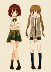  2girls bad_id bad_pixiv_id black_skirt black_socks blue_eyes blush brown_hair cardigan clothes_around_waist crossed_arms crossed_legs kneehighs loafers long_hair low_twintails miniskirt mizutamako multiple_girls necktie original pleated_skirt school_uniform shoes short_hair skirt sleeves_rolled_up socks standing sweater sweater_around_waist twintails watson_cross 