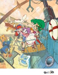  1boy 2girls concept_art creature feena_(grandia) freckles friends from_above grandia grandia_i hair_ornament highres hontani_toshiaki house hug justin_(grandia) logo long_hair looking_at_viewer low-tied_long_hair multiple_girls official_art photoshop_(medium) puui_(grandia) ship sue_(grandia) watercraft wind 