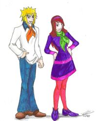  1boy blue_eyes cosplay crossover daphne_ann_blake daphne_ann_blake_(cosplay) female fred_jones fred_jones_(cosplay) highres namikaze_minato naruto naruto_(series) pantyhose parody red_hair scarf scooby-doo smile traditional_media uzumaki_kushina 