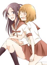  2girls :d bad_id bad_pixiv_id black_hair black_legwear blonde_hair closed_eyes hug hug_from_behind kneehighs long_hair multiple_girls open_mouth saigo_no_seifuku sao_(0060) sawara_ai school_uniform serafuku short_hair smile socks teeth white_legwear yamada_fuuko yuri 