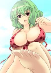  barefoot bikini bikini_top_only blue_sky bottomless breasts cloud commentary_request day feet female foot_focus foreshortening green_hair highres huge_breasts kazami_yuuka navel open_mouth polka_dot polka_dot_bikini purple_eyes red_bikini short_hair sky solo stepping strap_pull suzuki_nene sweat swimsuit toes touhou 