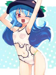  ;d adapted_costume arms_up blue_hair blush casual_one-piece_swimsuit colored_eyelashes commentary_request female food fruit hat hinanawi_tenshi homura_subaru leaf long_hair looking_at_viewer navel one-piece_swimsuit one_eye_closed open_mouth peach red_eyes smile solo sweatdrop swimsuit touhou 