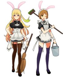  2girls ;d animal_ears apron blonde_hair broom brown_hair brown_legwear bucket commentary_request corset dress frills full_body green_eyes hand_on_own_hip lace leia_rolando leia_rolando_(maid) long_hair maid milla_maxwell milla_maxwell_(maid) mop multiple_girls official_alternate_costume one_eye_closed open_mouth purple_eyes purple_legwear rabbit_ears short_hair smile tales_of_(series) tales_of_xillia thighhighs wrist_cuffs yoshi_92 zettai_ryouiki 