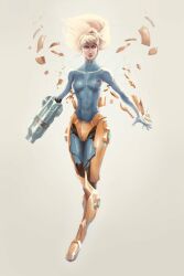  arm_cannon armor assembling blonde_hair bodysuit broken_armor commentary english_commentary female long_hair metroid ponytail samus_aran skin_tight solo tom_waterhouse varia_suit weapon zero_suit 