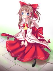  ascot bad_id bad_pixiv_id black_legwear blue_eyes bow brown_hair commentary_request detached_sleeves female grass hair_ribbon hair_tubes hairbow hakurei_reimu hands_on_own_knees high_heels highres ina_(inadahime) leaning_forward lips looking_at_viewer path red_bow red_skirt ribbon road shoes skirt smile solo touhou wide_sleeves 