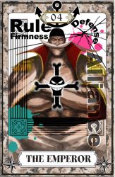  1boy anchor bad_id bad_pixiv_id bandana crack edward_newgate english_text epaulettes facial_hair jolly_roger long_coat male_focus moustache muscular nira_(nira_box) one_piece solo tarot tarot_(medium) the_emperor_(tarot) topless_male whitebeard_pirates_jolly_roger 