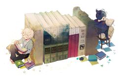  21grams 2boys animal animal_on_shoulder bad_id bad_pixiv_id barefoot blue_hair book bookshelf cameo chair closed_eyes clover creator_connection familymart four-leaf_clover hamlet instrument jacket king_lear macbeth male_focus mouse_(animal) multiple_boys nezumi_(no.6) no.6 open_book open_mouth othello photoshop_(medium) piano reading romeo_and_juliet shion_(no.6) short_hair short_ponytail sitting smile white_hair 