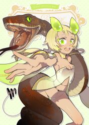  bad_id bad_pixiv_id blonde_hair breasts female foreshortening green_eyes hands highres kaninn long_hair navel photoshop_(medium) pixiv_fantasia pixiv_fantasia_wizard_and_knight slit_pupils small_breasts snake snake_bondage solo 