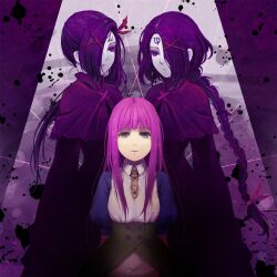  3girls bad_id bad_pixiv_id braid cape dress facial_mark grey_eyes hair_ornament hair_over_one_eye hair_ribbon hairclip long_hair moira mu_(sound_horizon) multiple_girls phi_(sound_horizon) purple_eyes purple_hair ribbon riku_(me-in) sound_horizon thanatos-ko thanatos_(album) 