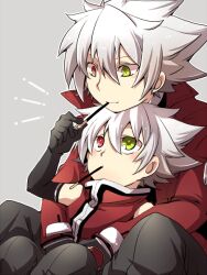  2boys aged_down bad_id bad_pixiv_id black_pants blazblue coat dual_persona food food_in_mouth green_eyes grey_background heterochromia kuro_yuzu male_focus mouth_hold multiple_boys pants pocky ragna_the_bloodedge red_eyes spiked_hair white_hair 