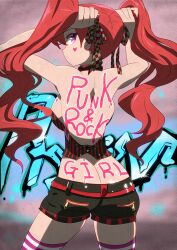  adjusting_hair ass backboob bare_back bare_shoulders black_shorts body_writing breasts butt_crack choker commentary_request corset facial_tattoo female from_behind hair_ribbon heart heart_tattoo highres huge_breasts long_hair looking_back pixiv_punk_and_rock punk purple_eyes red_hair ribbon sharekoube short_shorts shorts solo strapless striped_clothes striped_thighhighs tattoo thighhighs twintails vertical_stripes 